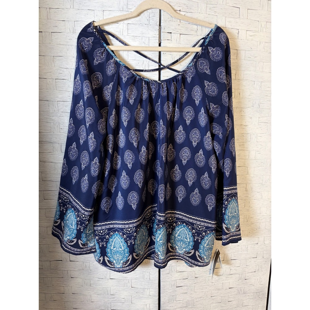 ING+ Womens Blouse Paisley Medallion‎ Bell Sleeve Strappy Back Plus Size NTB192